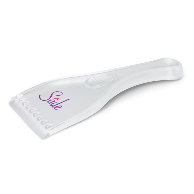 A clear ice scraper with a textured edge and a smooth handle, featuring a logo on the side.