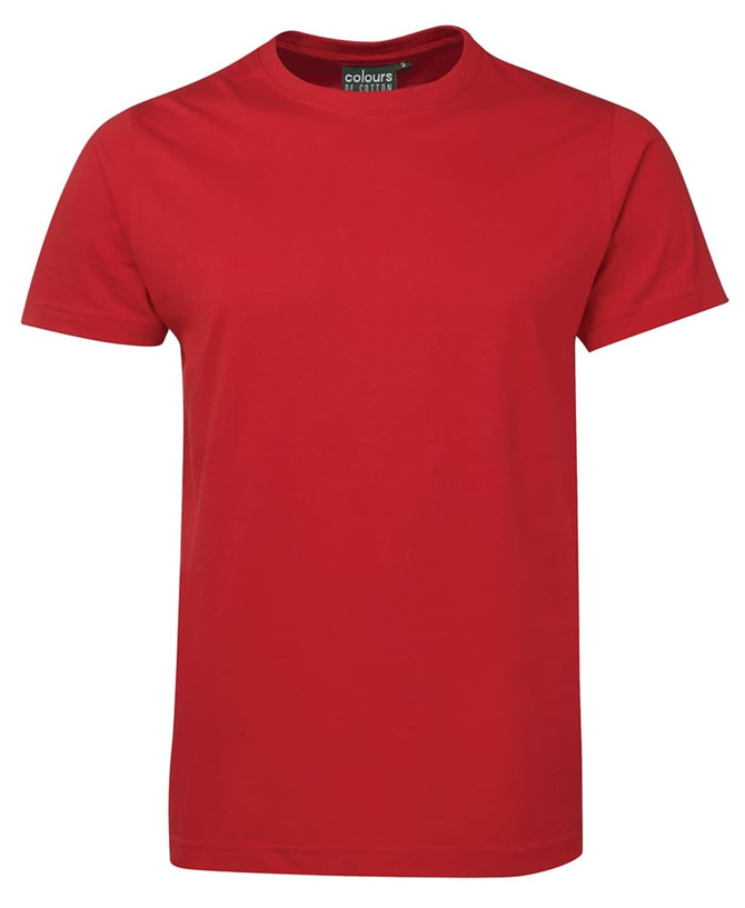 A red fitted t-shirt featuring a round neck and short sleeves, with a logo on the tag.