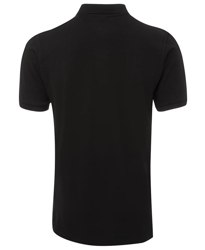 A black pique polo shirt featuring a collar and short sleeves, with a subtle logo on the back.