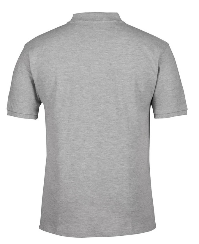 A grey polo shirt featuring a classic collar and short sleeves, with a logo on the back.