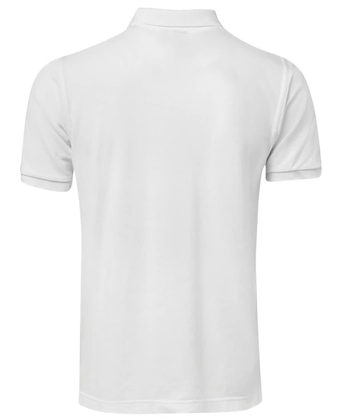 A white polo shirt featuring a collar and short sleeves. It has a logo on the design.