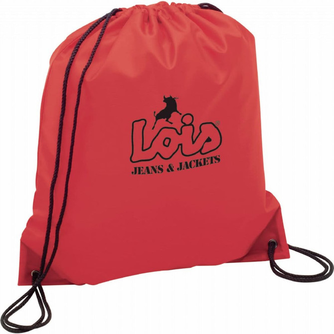 A red drawstring sportspack with black cords and a logo on the front. Designed for carrying personal items.