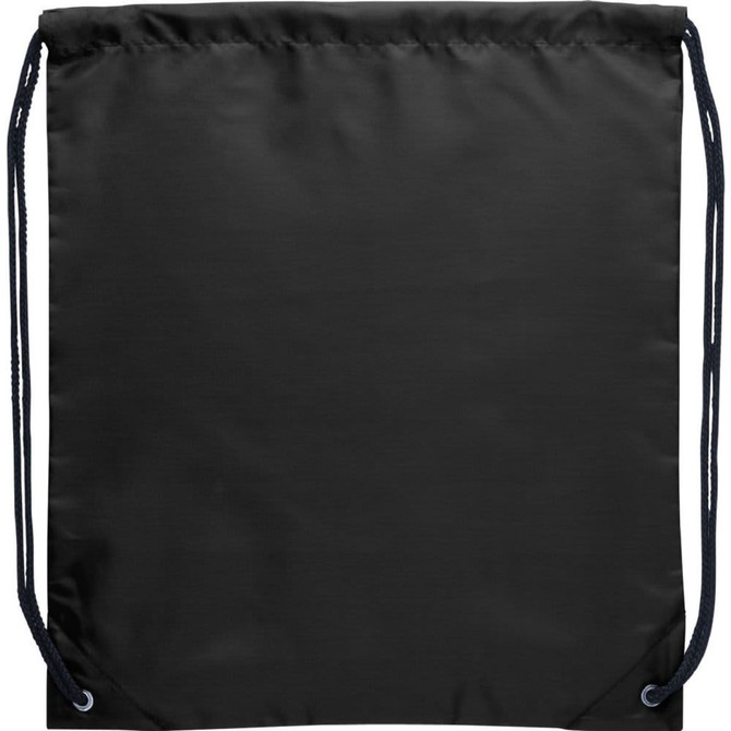 A black drawstring sportspack featuring a logo and two adjustable cords for closure.