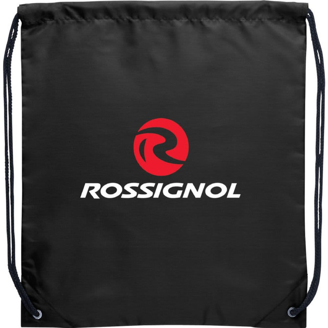 A black drawstring sportspack featuring a logo on the front and navy drawstrings.