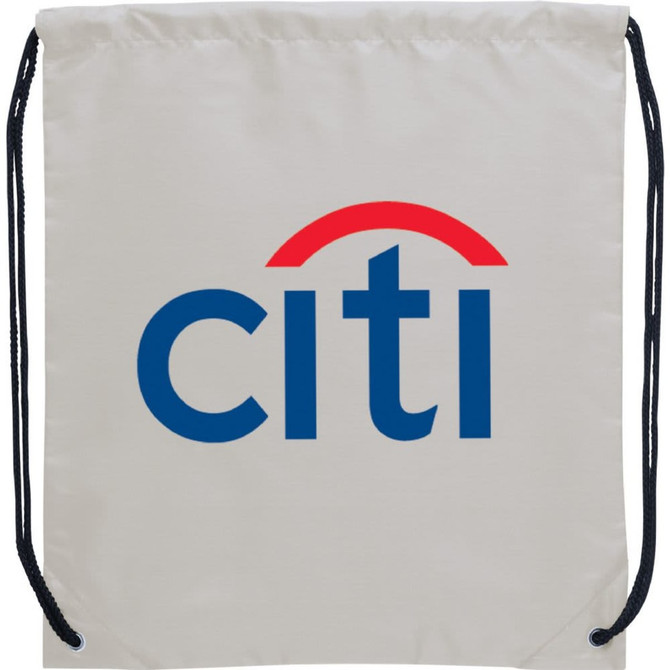 A light-coloured drawstring sportspack with a logo, featuring black drawstrings and a simple design.