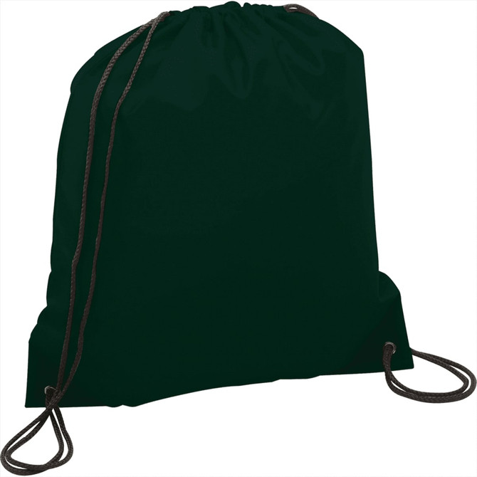 A black drawstring sportspack with matching cord, featuring a simple design and a logo.
