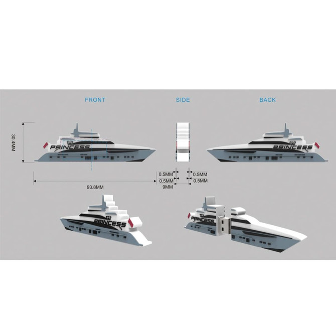 A 2D custom USB flash drive shaped like a white cruise ship, with dimensions and views displayed on a grey background.
