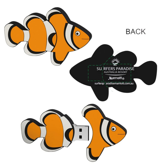 A novelty USB flash drive shaped like an orange and black clownfish, featuring a logo on the back.