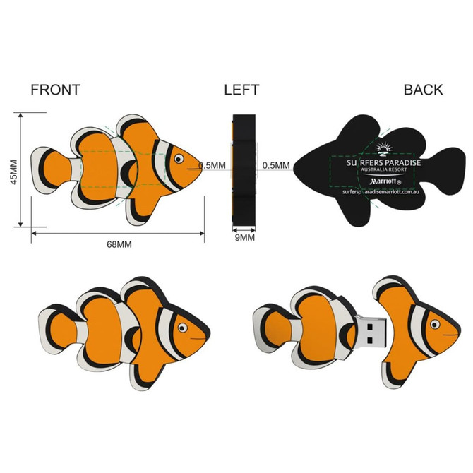 A custom USB flash drive designed in the shape of a colourful orange and black fish, featuring a logo.
