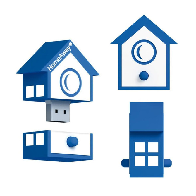A blue and white house-shaped USB flash drive with a logo, featuring a unique design and multiple views.