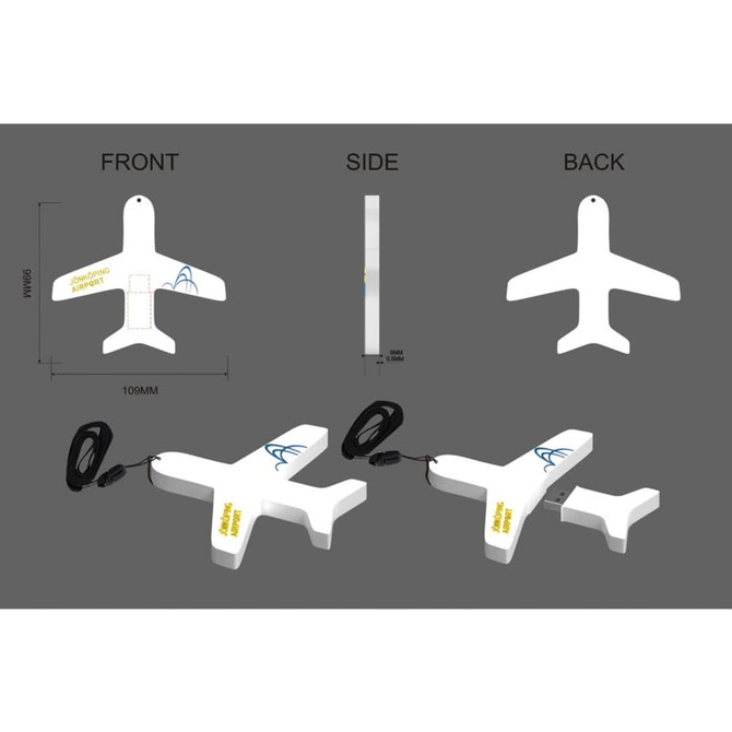 A white USB flash drive shaped like an airplane, with a black cord attached, showing front, side, and back views.