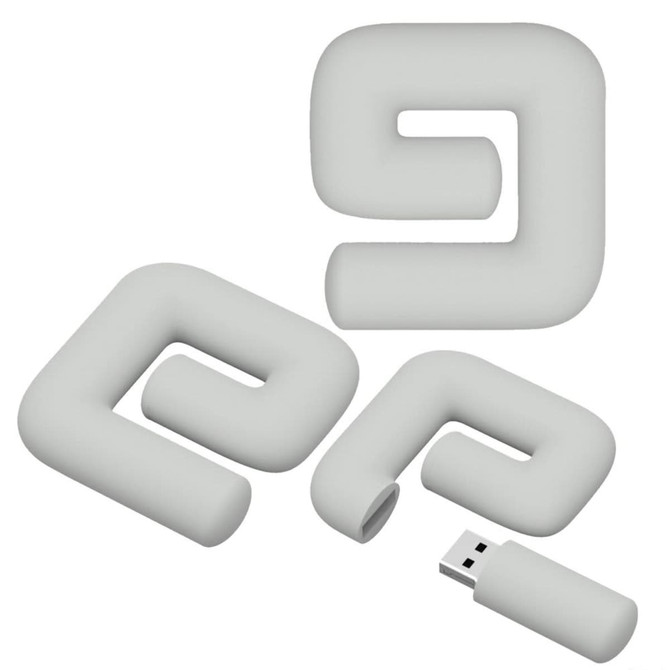 A grey 2D custom USB flash drive in a unique, abstract shape, featuring a logo.