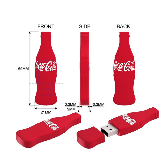 A red USB flash drive shaped like a classic Coke bottle, featuring a logo and multiple views showing its dimensions.