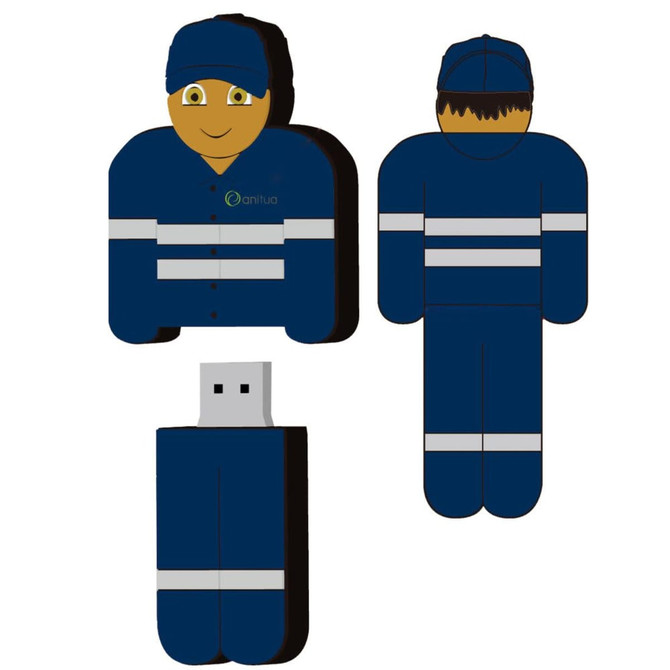 A custom 2D USB flash drive shaped like a character in a blue outfit with a logo, featuring a smiling face and hat.
