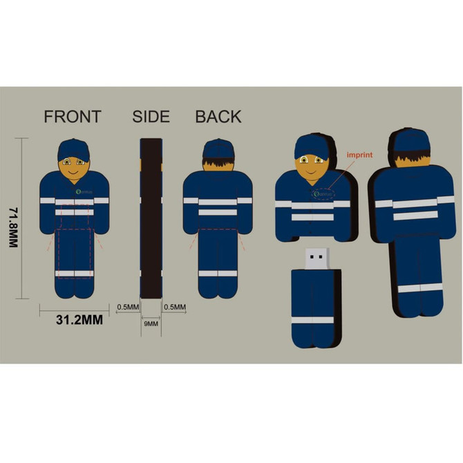 A 2D custom USB flash drive featuring a blue figurine design with front, side, and back views shown.