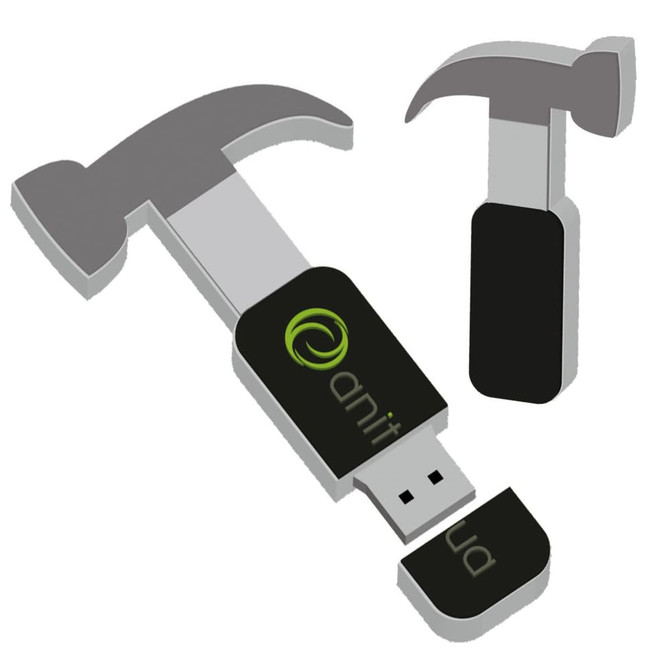 A grey and black custom USB flash drive shaped like a hammer, featuring a logo on its surface.