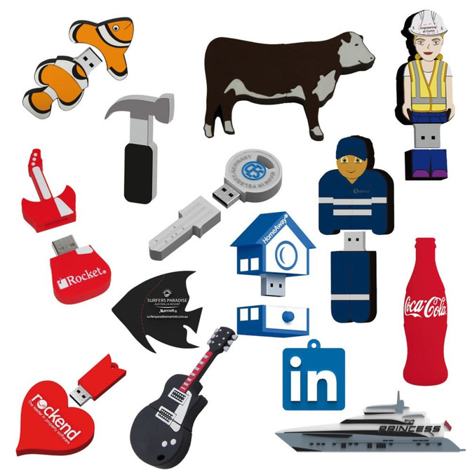 A collection of colourful 2D custom USB flash drives in various shapes, including animals, tools, and characters, with logos.