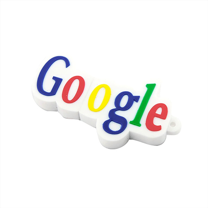 A white USB flash drive shaped like the Google logo, featuring blue, red, yellow, and green letters.
