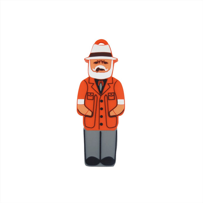 A custom 2D USB flash drive shaped like a character in an orange jacket and a white hat, featuring a logo.