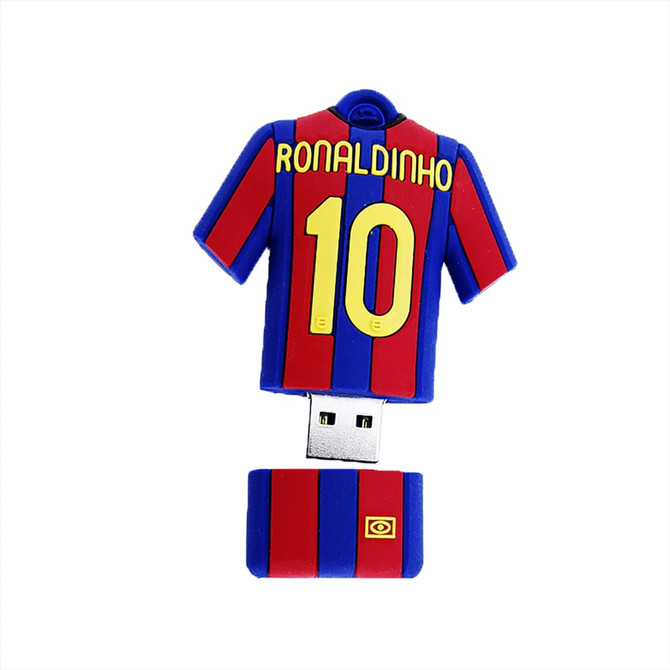 A blue and red USB flash drive shaped like a football jersey with '10' and a logo.