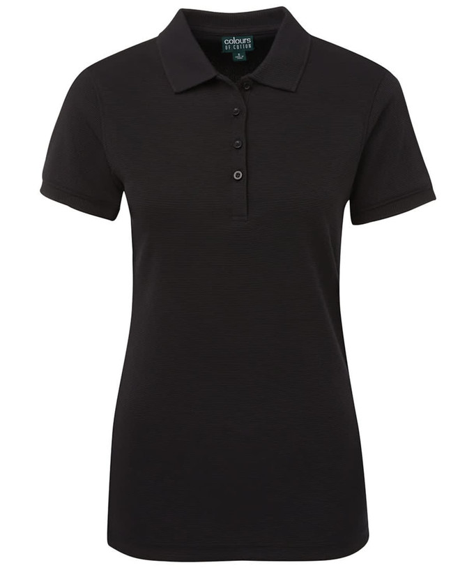 A black ladies' polo shirt with a collar, short sleeves, and a buttoned placket. Features a logo.