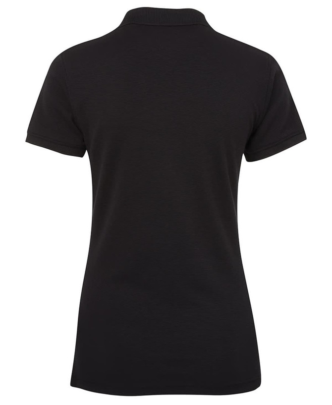 A black ladies' polo shirt with a collar, featuring a textured design and a logo on the back.