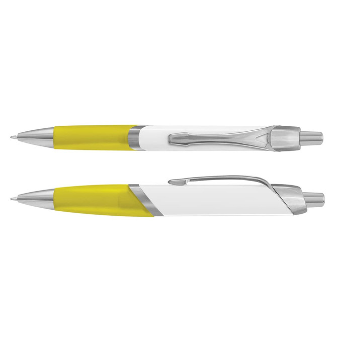 A two-sided image of yellow and white plastic pens, featuring silver accents and a logo.