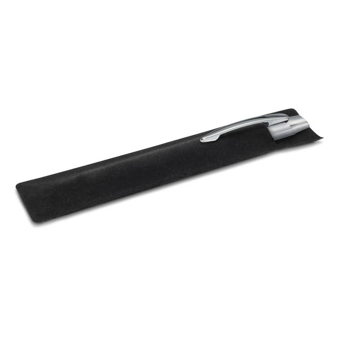 A sleek metal pen with a silver finish, resting on a black suede pouch.