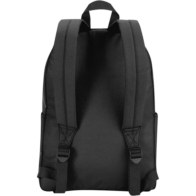 A black laptop backpack with adjustable straps and side pockets, featuring a logo on the front.