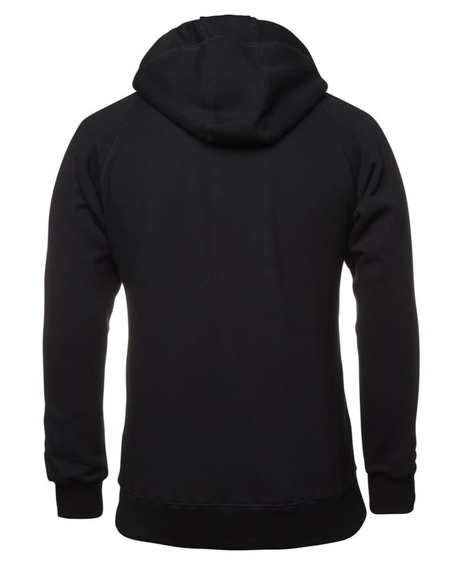 A black hoodie featuring a hood, with a simple design and no visible logos.