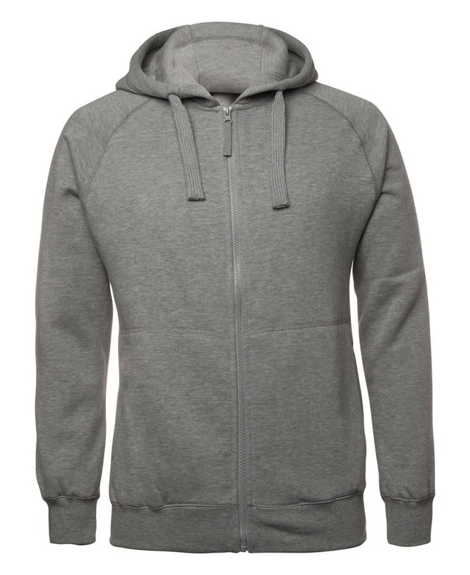 A grey zip-up hoodie featuring a hood and pockets, with a logo on the front.