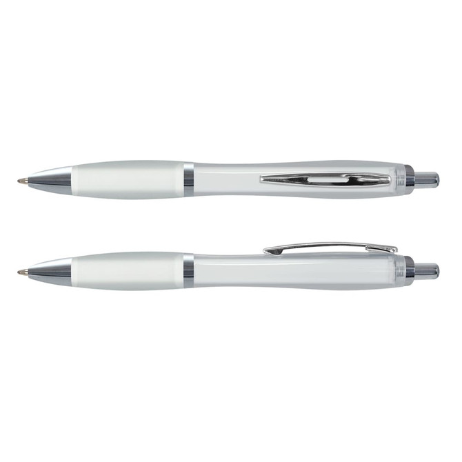Two translucent pens in white and silver, featuring a sleek design and a silver clip, displayed side by side.