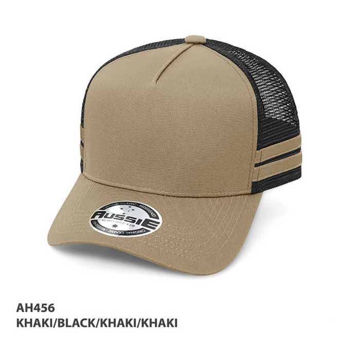 A khaki and black striped trucker cap with a mesh back and a logo on the front.