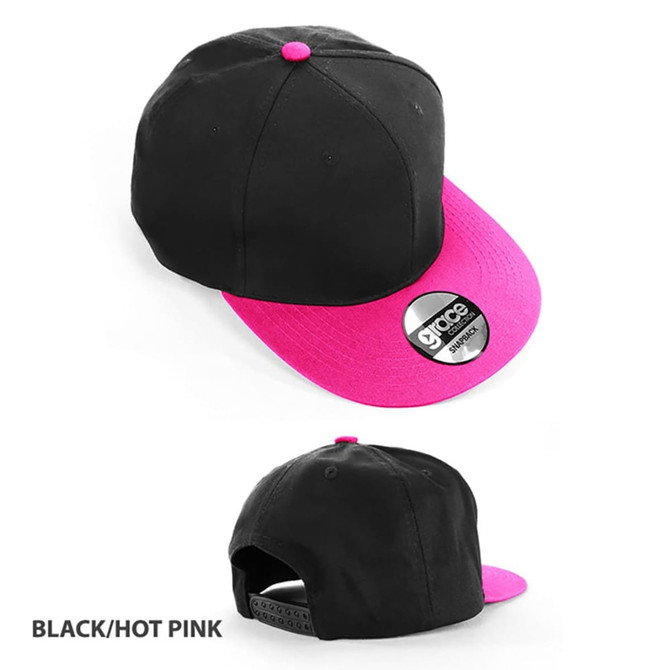 A black cap with a hot pink brim and an adjustable strap, featuring a logo on the front.