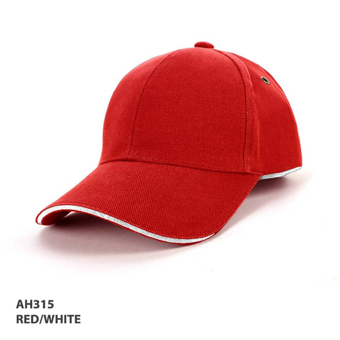 A red cap with white surround piping and a logo. The cap features a curved brim and a textured surface.