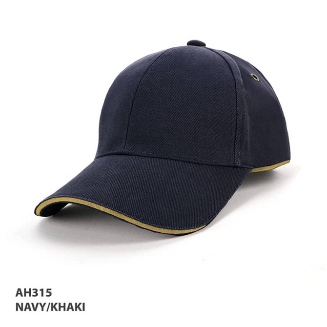 A navy and khaki cap with surrounding piping and a logo on the front.