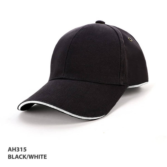 A black and white cap featuring surround piping and a branded logo.