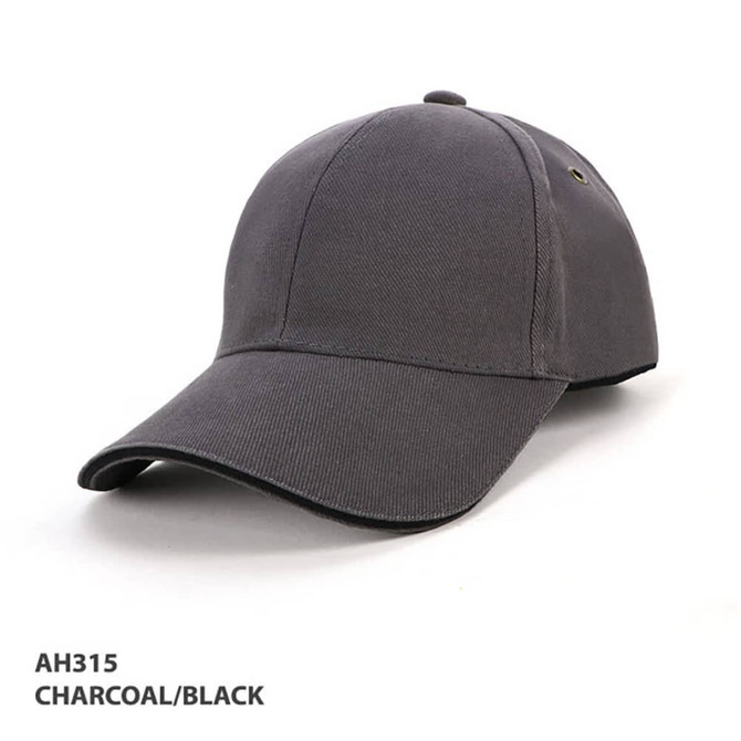 A charcoal and black cap with a curved brim and a logo on the side.