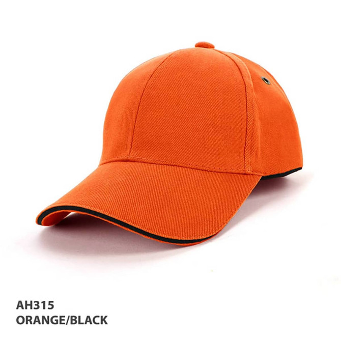 An orange and black cap featuring a simple design and a logo.