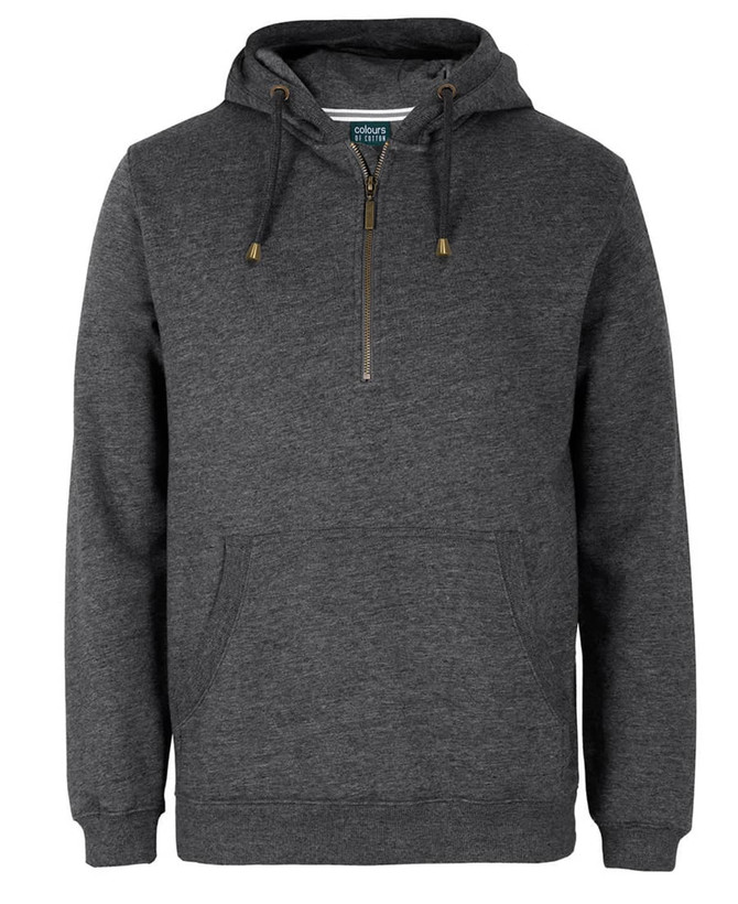 A dark grey 1/2 zip hoodie featuring a hood, a front pouch pocket, and a logo.