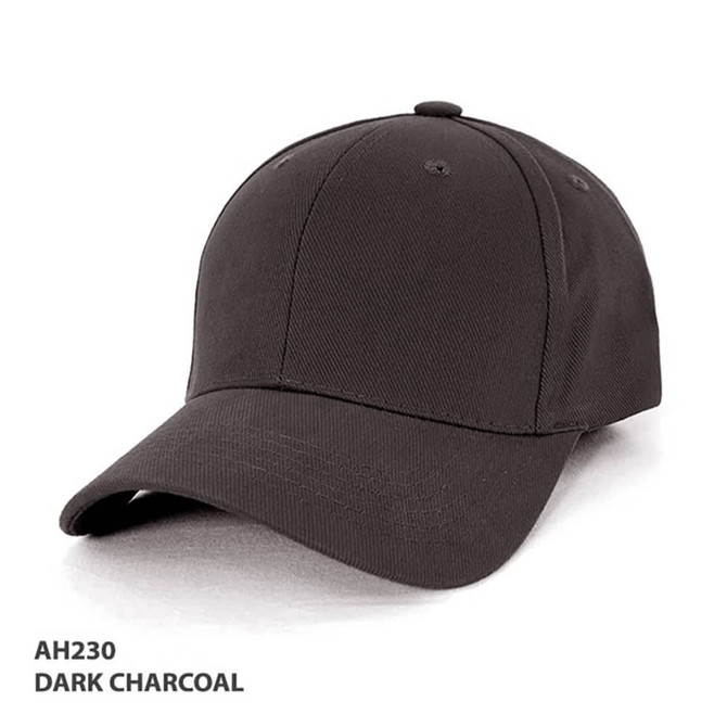 A dark charcoal cap with a curved brim and a logo, featured in a side view.