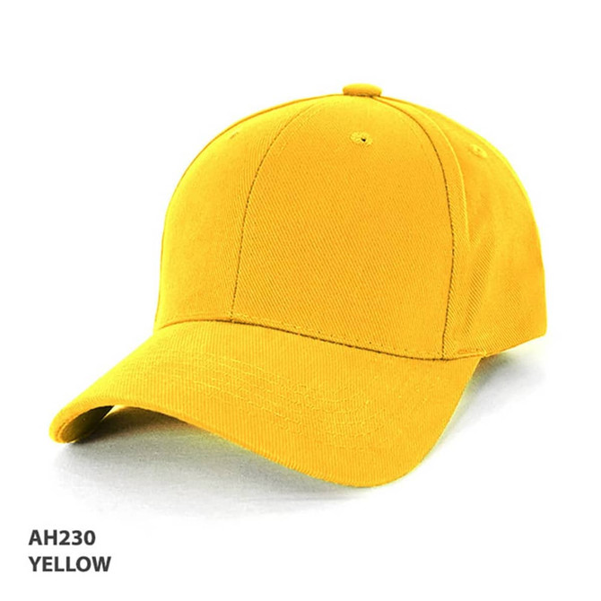 A yellow heavy brushed cotton cap with a curved brim and a logo on the front.