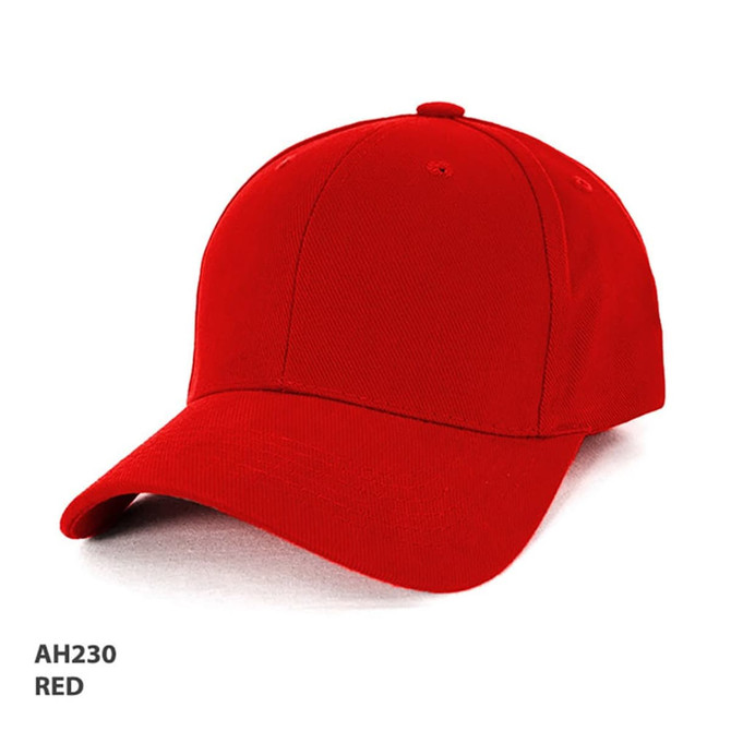 A red heavy brushed cotton cap with a curved brim and a logo on the front.