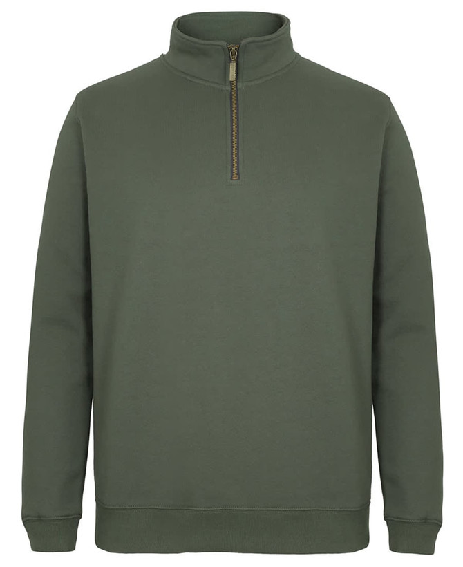 A green brass 1/2 zip jumper with long sleeves and a stand-up collar. It features a zip closure and has a logo.