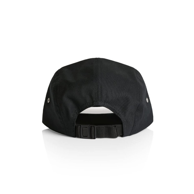 A black Finn Five Panel Cap featuring a rear adjustable strap and ventilation eyelets.