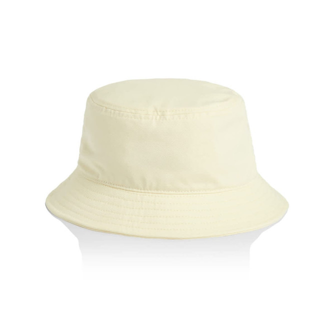 A yellow bucket hat with a wide brim and a simple, unembellished design. It features a logo on the side.