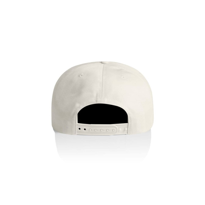 A cream-coloured cotton cap with a plastic snapback closure and a logo on the back.