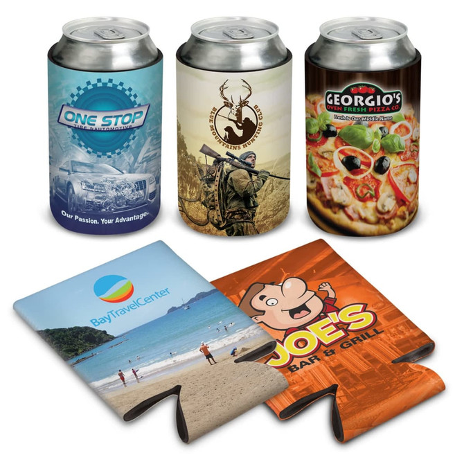 A drink bottle wrapped in colourful designs, featuring branding and three beverage can coolers in various patterns.