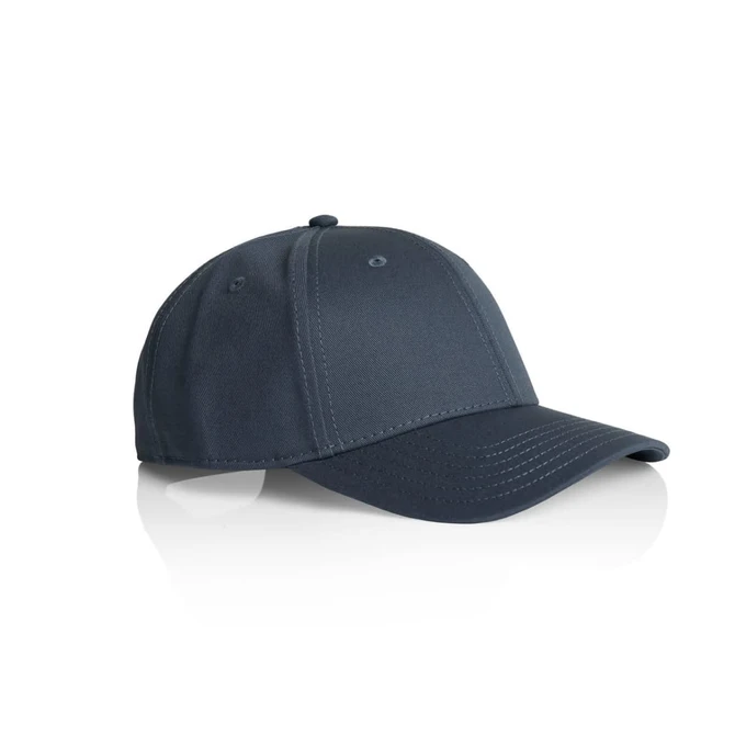 A dark grey cap featuring a structured design and a curved peak. It has a logo on the front.