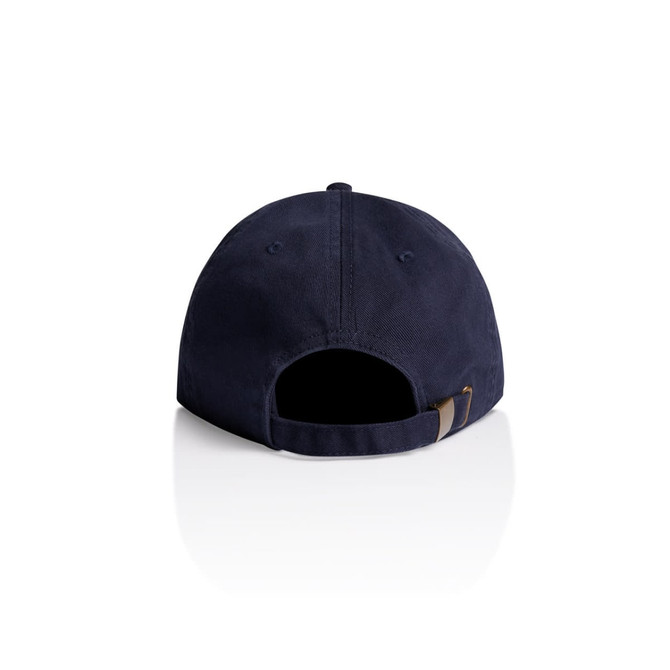 A navy blue cap featuring a back vent and a strap closure, with a logo on the side.